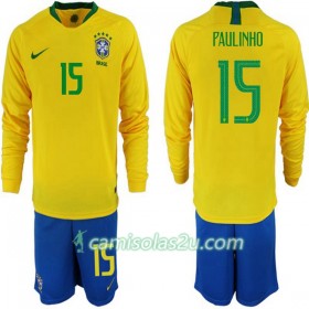 Camisolas de Futebol Brasil Paulinho 15 Criança Equipamento Principal Copa do Mundo 2018 Manga Comprida